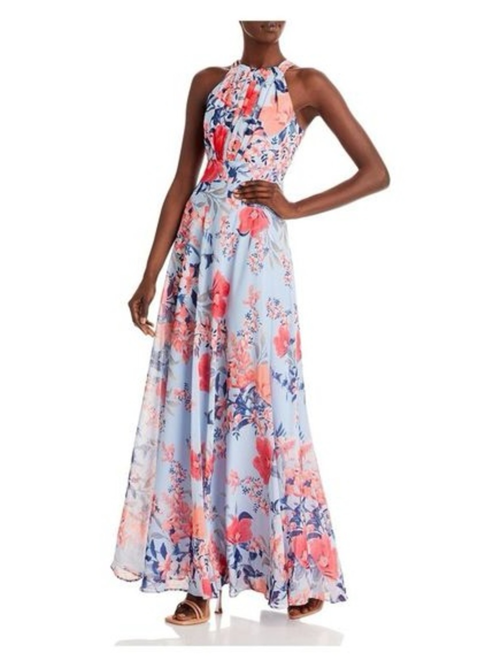 Eliza J Size 14 Floral Halter Maxi Dress in Coral, Light Blue & Navy - Picture 3 of 9